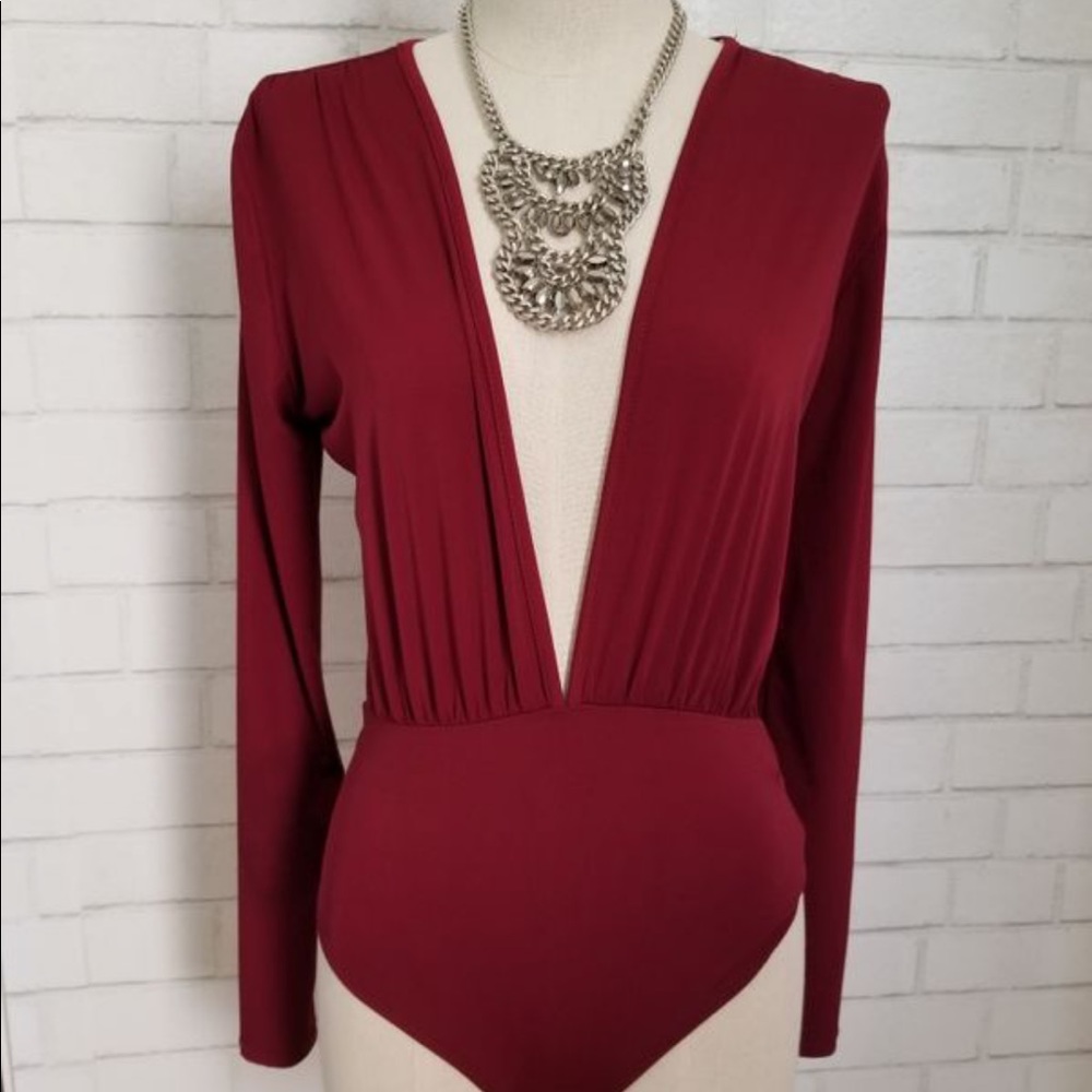 Sleek dark wine low neck long sleeve one piece